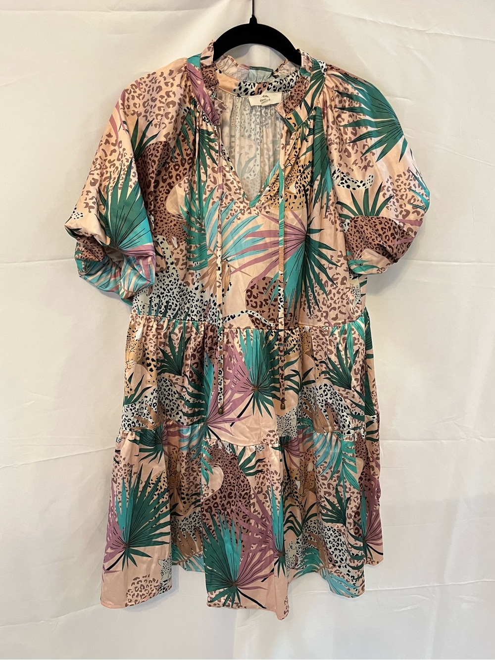 entro Pink Tropical Leopard Print Tiered Dress with Teal Accents